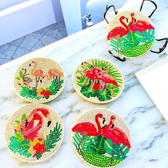 Hand Crafted Other - Flamingo Coaster Set of 4 with Holder Diamond Art Painted & Sealed Hand Crafted